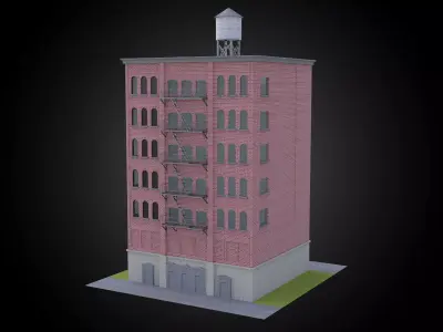 Brick building w water tower exterior fully modeled architecture Low-poly 3D model