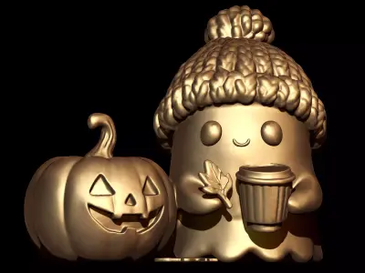 Cute Ghost Drinking Coffee and Jack o Lantern 3D print model