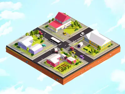 Cartoon Low Poly City Suburbs Low-poly 3D model