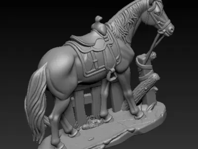 Western Horse Sculpture with Saddle and Rustic Fence  3D stl 3D print model