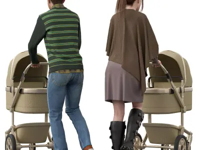 Parents Baby Stroller Low-poly 3D model