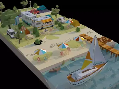 Low poly isometric camping and beach scenes Low-poly 3D model