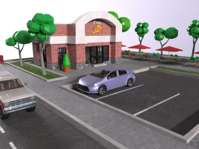 low-poly 3D PBR set pizzeria City VR  Low-poly 3D model