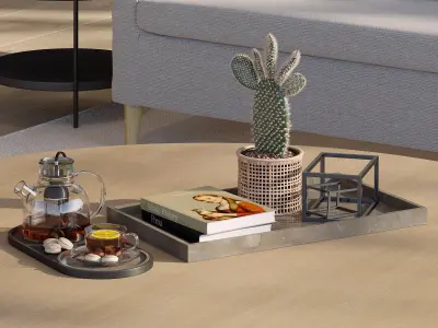 Coffee set 14 - tray pot cup books figurine plant pot  3D model