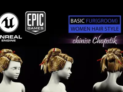 chinise Chopstik HairStyle Groom For UE4 Low-poly 3D model