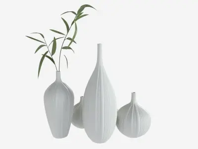 Ceramic white vase set with plants 3D model