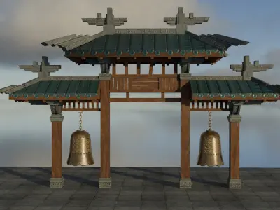 Chinese gate with bells Low-poly 3D model