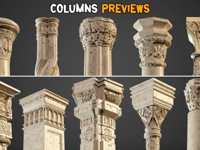 15 Gothic Columns 3D Model and 30 Ornaments Brush     Vol 22 3D model
