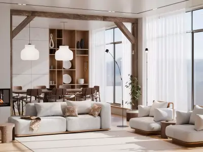 Modern Living Room and Dining Room Interior Scene  3D model