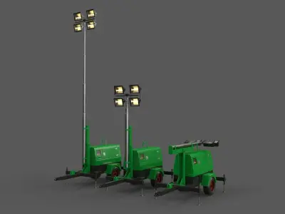PBR Mobile Light Tower Generator B - Green  Low-poly 3D model