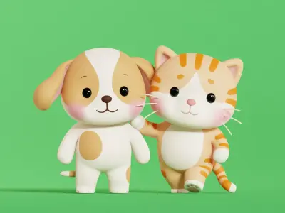 Dog and Orange Cat Cartoon Rigged Animated Characters Pack Low-poly 3D model