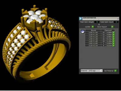 Triple Row Diamond Engagement Ring in Yellow Gold 3D print model