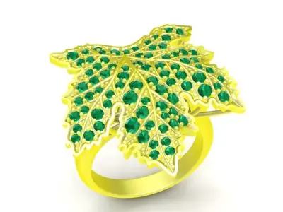 Luxury Maple Leaf Emerald Pave Ring for Women 105a 3D print model