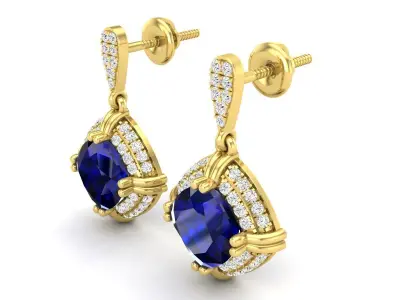 AV 551 Cushion Cut and Round Diamond Ladies Halo Drop Earrings 3D print model