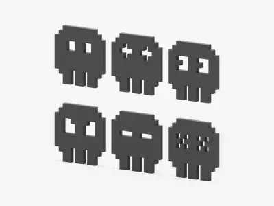 Pixelated 8 Bit Skull Icons Set Low-poly 3D model