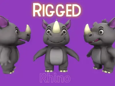 Rigged Grey Cute Playful Rhino Low-poly 3D model