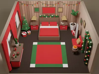 Low Poly Modular Simple Christmas Interior Pack Bedroom Low-poly 3D model