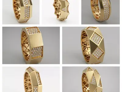 Faceted Ring Collection 7 Designs for Jewelry Casting 4 size  3D Model Pack