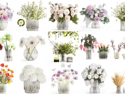 Collection of flower bouquets and vase set of 45 pieces 3D model