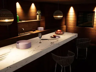 kitchen with wooden cabinets and lighting Free low-poly 3D model