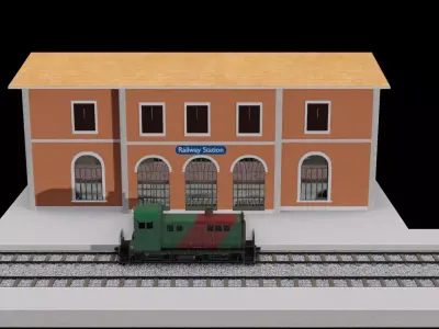 Railway station and diesel locomotive 3D models Low-poly 3D model