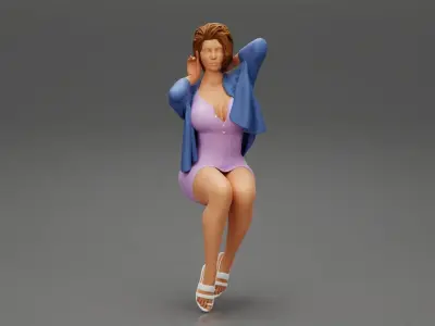 short hair woman in a dress sitting on a chair 3D print model