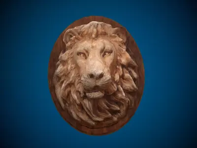 Lion Head -Wooden Relief Low-poly 3D model