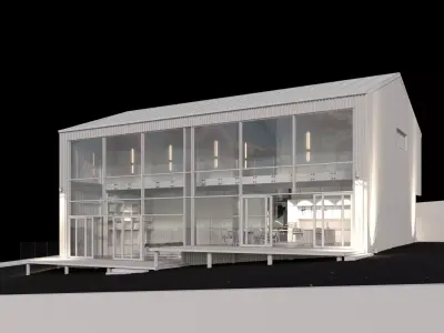 Modern barn house with furniture 3D model