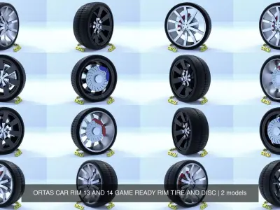 ORTAS CAR RIM 13 AND 14 GAME READY RIM TIRE AND DISC 3D Model Pack