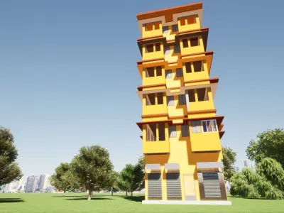 Realistic Building 3D model apartment in middle of field 3D model