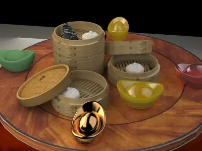 Chinese bamboo steamer with rice roll 3D model