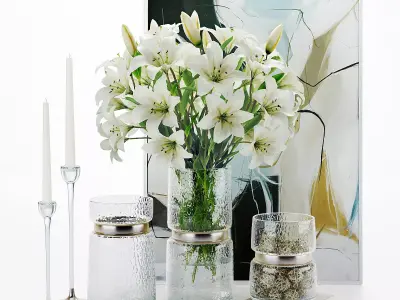 flower set 5 lilies in glass vase 3D model