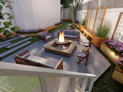 Backyard landsacpe design of modern house with fireplace 3D model