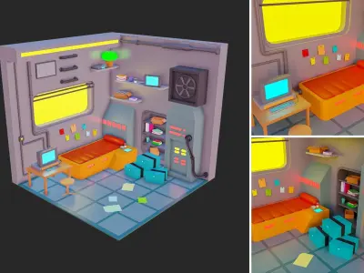 Low Polyt Sci-fi Rooms Interiors Low-poly 3D model