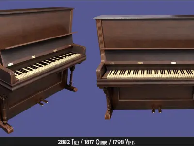 Old victorian wooden upright piano low poly -UPDATED Low-poly 3D model