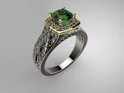 Diamond Halo Cocktail Ring in Yellow and White Gold 3D print model