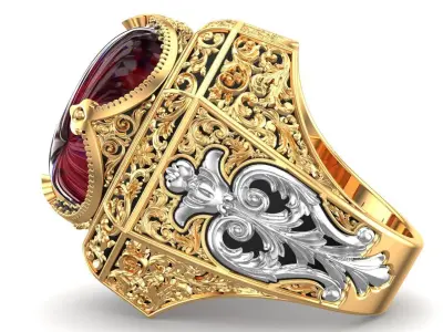 Turkish King Crown Tiger Red Eye Gents Ring 3D print model