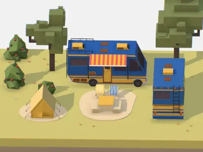 blue tourist van on halt in meadow Low-poly 3D model