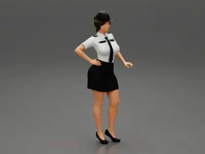 woman police officer in white shirt and black dress and hat 3D print model