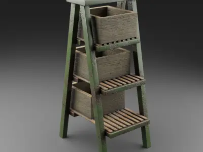 Stair wooden ladder with three drawers Low-poly 3D model