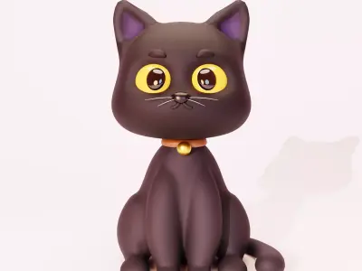Black Cat Sitting - Cute Cartoon 3D model