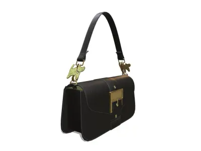Black leather handbag with green cat pendent  3D model