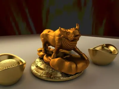 Chinese golden OX with gold ingot 3D model