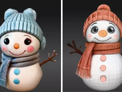 Cute Chibi Snowman Buddy  Winter Figurine Two Pack 3D Model Low-poly 3D model