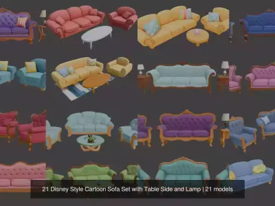 21 Disney Style Cartoon Sofa Set with Side Table and Lamp 3D Model Collection