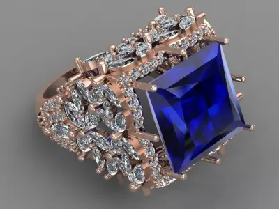Blue Sapphire Rose Gold Women Diamond Ring 3D print model 3D print model