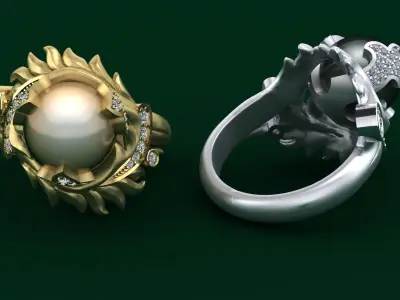 Ring with diamonds and pearl 3D print model