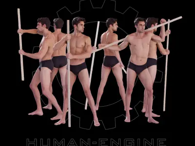 6 Male Holding a Stick Poses Anatomical Reference Bundle 008 3D model
