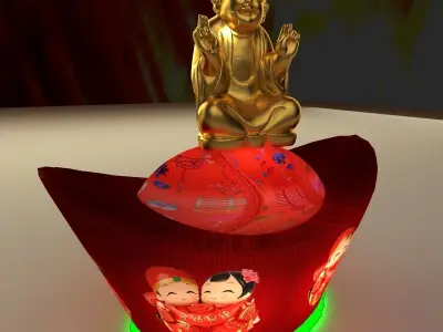 Chinese gold ingot lantern witn monk kid 3D model