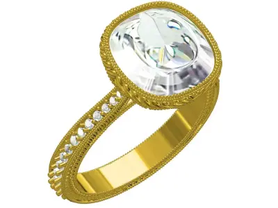 Cushion Cut Single Diamond Art Deco Ring 3D print model